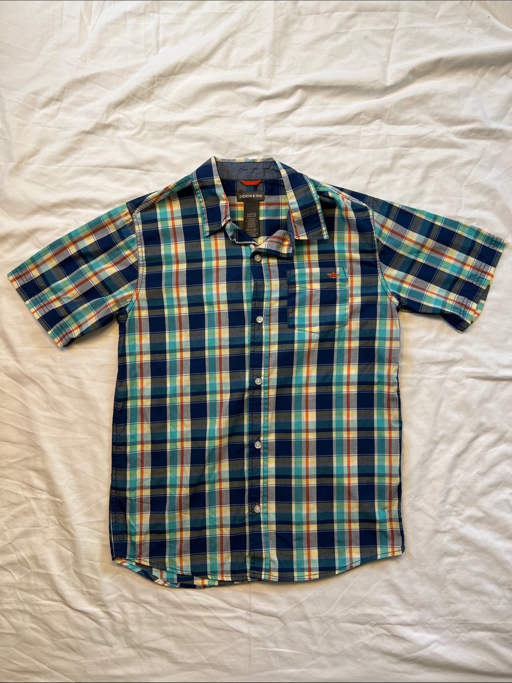 Dockers Short-Sleeve Plaid Button-Down Shirt in Blue, Green & Yellow